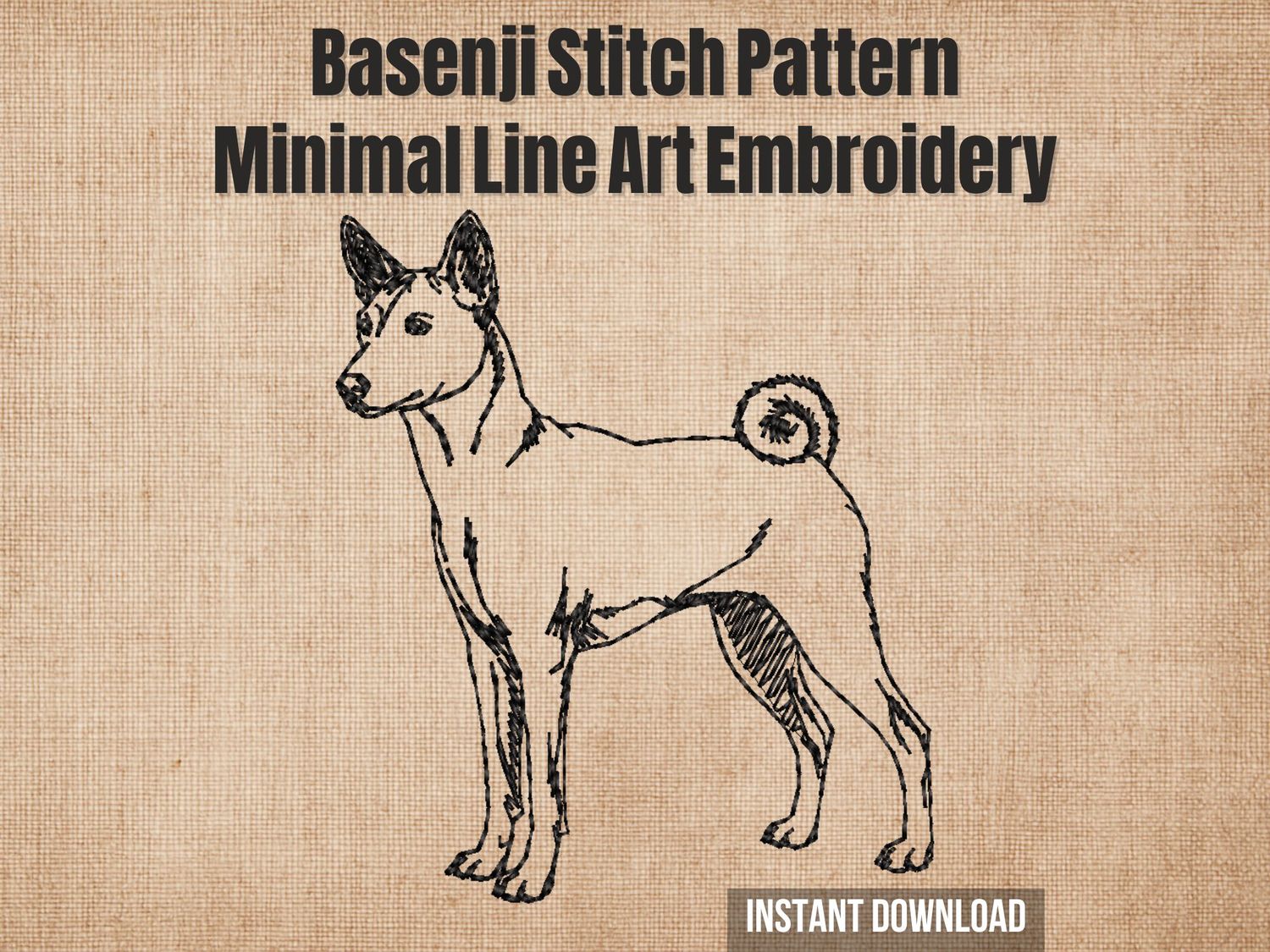 Line embroidery of a Basenji standing with upright ears and curled tail in minimalist line art on beige fabric background.