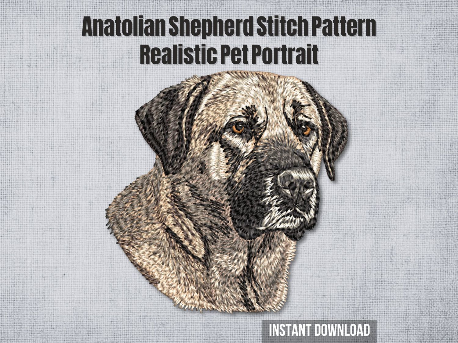 Tan, black, and cream thread embroidery of an Anatolian Shepherd with deep eyes and short fur on a light fabric background.