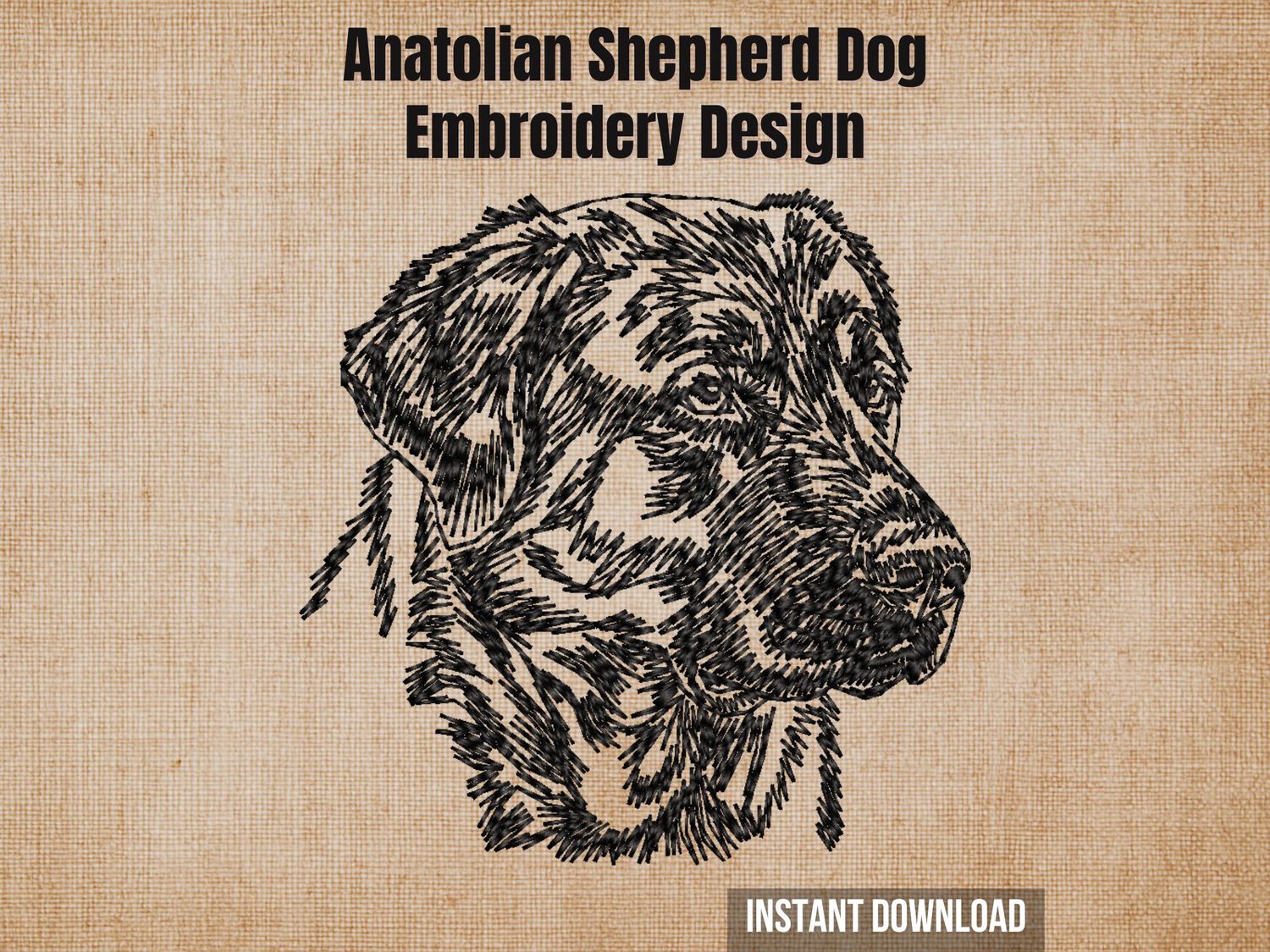 Anatolian Shepherd Dog embroidery design, outline of Anatolian Shepherd's face in black on tan background, perfect for machine embroidery projects.