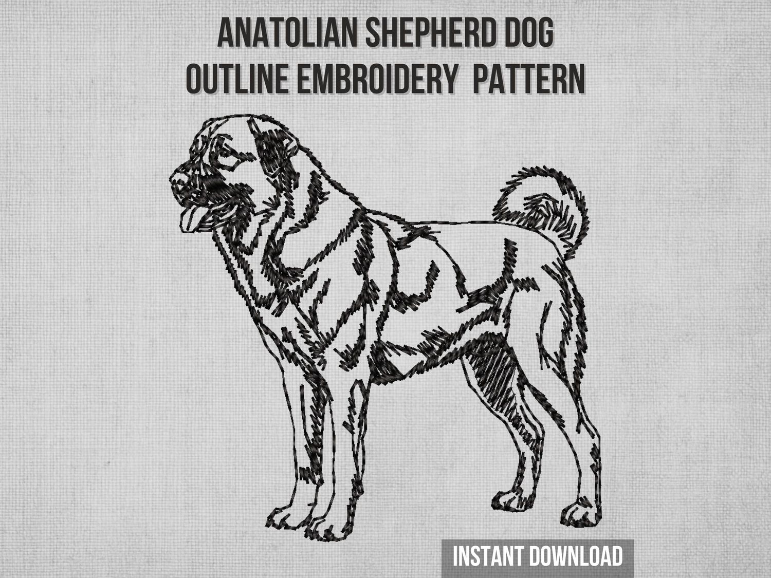 Black line embroidery of an Anatolian Shepherd dog standing alert with detailed fur texture and curled tail on a light fabric
