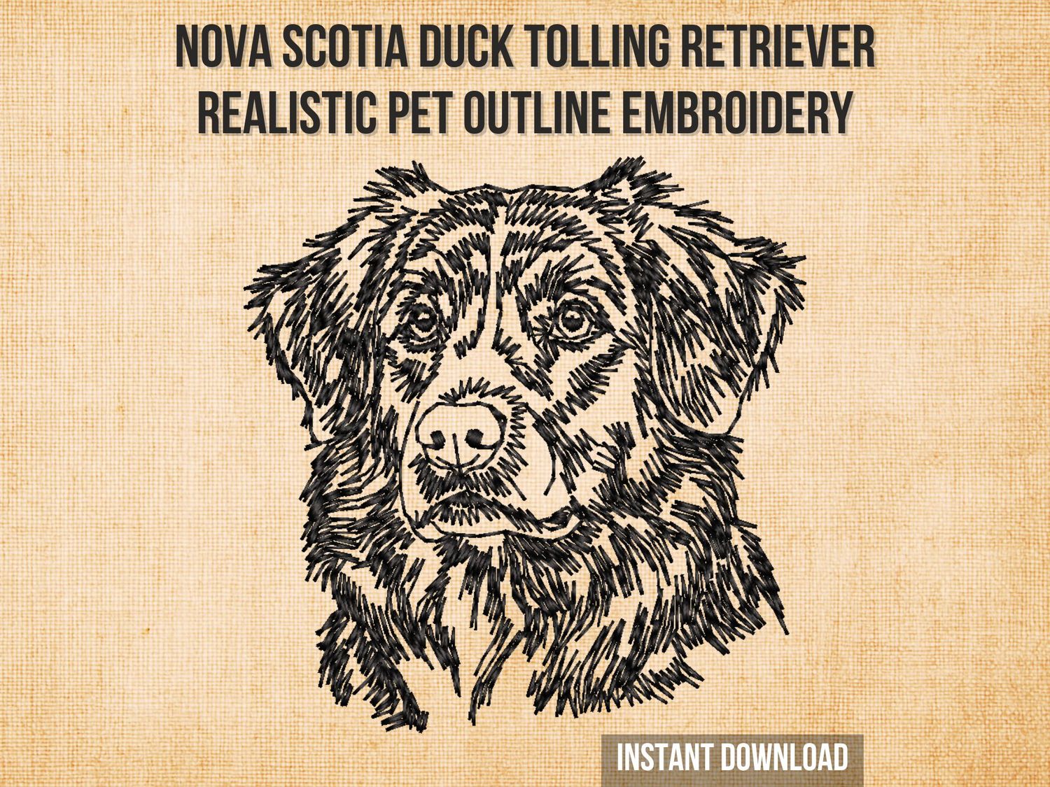 Black line embroidery of a Nova Scotia Duck Tolling Retriever dog with detailed fur texture on a light fabric background.
