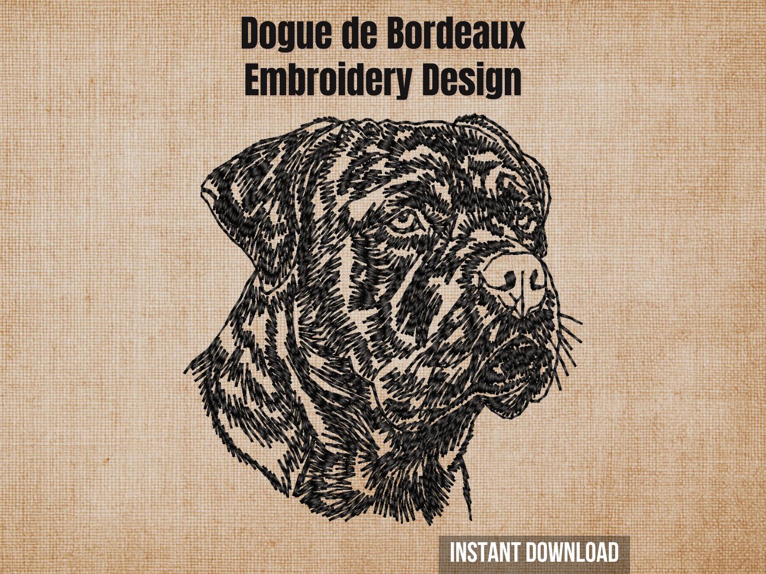 Dogue de Bordeaux embroidery design, black dog face outline on beige background, machine embroidery pattern, dog breed, pet lover gift, instant download.