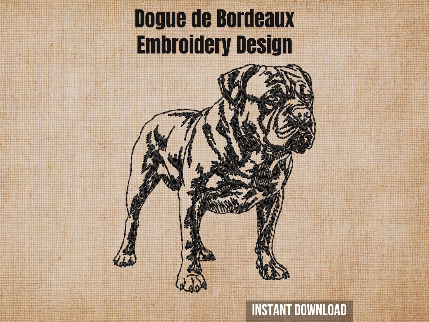 Dogue de Bordeaux embroidery design, black outline of a Dogue de Bordeaux dog on a tan background, breed illustration.