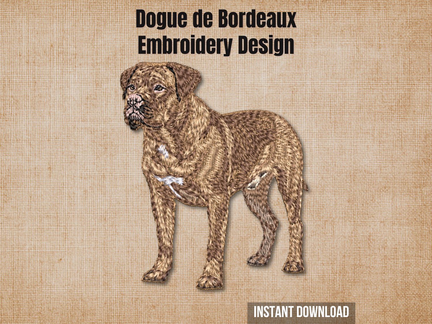 Dogue de Bordeaux embroidery design, full-body portrait of a brown Dogue de Bordeaux dog, realistic machine embroidery pattern for animal crafts.