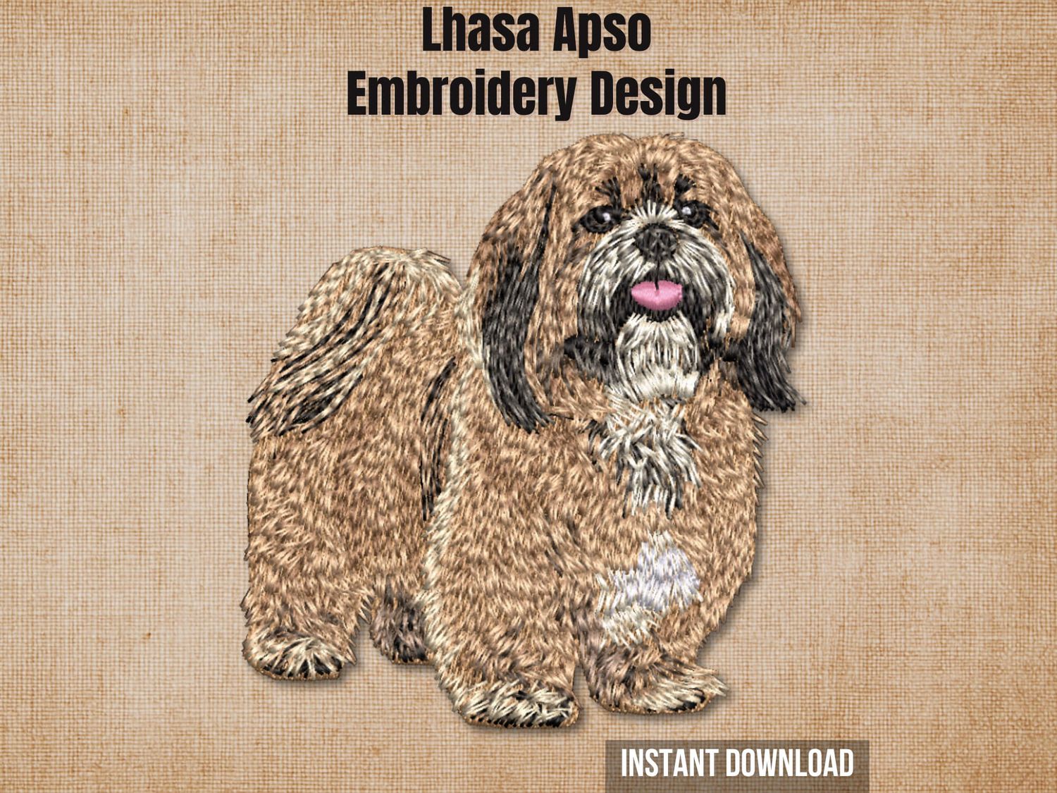 Textured natural burlap background highlighting the Lhasa Apso embroidery design with an instant download badge