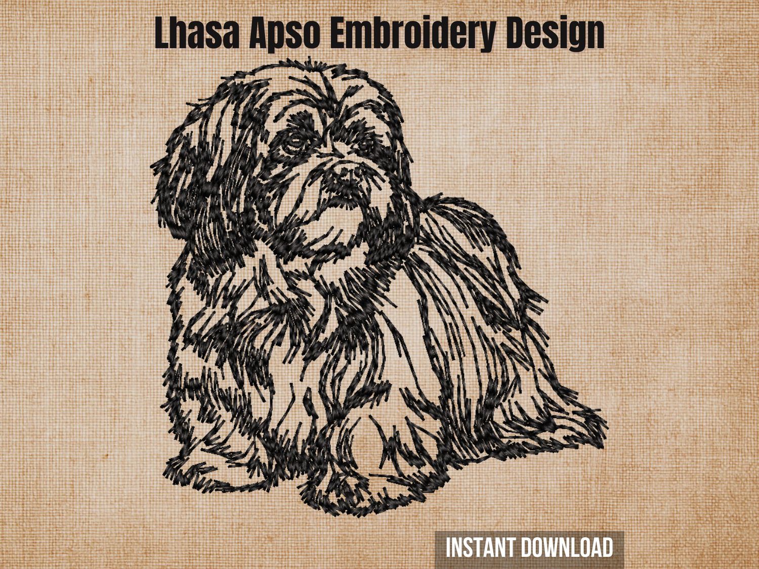 Lhasa Apso embroidery design, full body outline, black, sitting dog, illustration, machine embroidery, pet lover gift, instant download digital file.