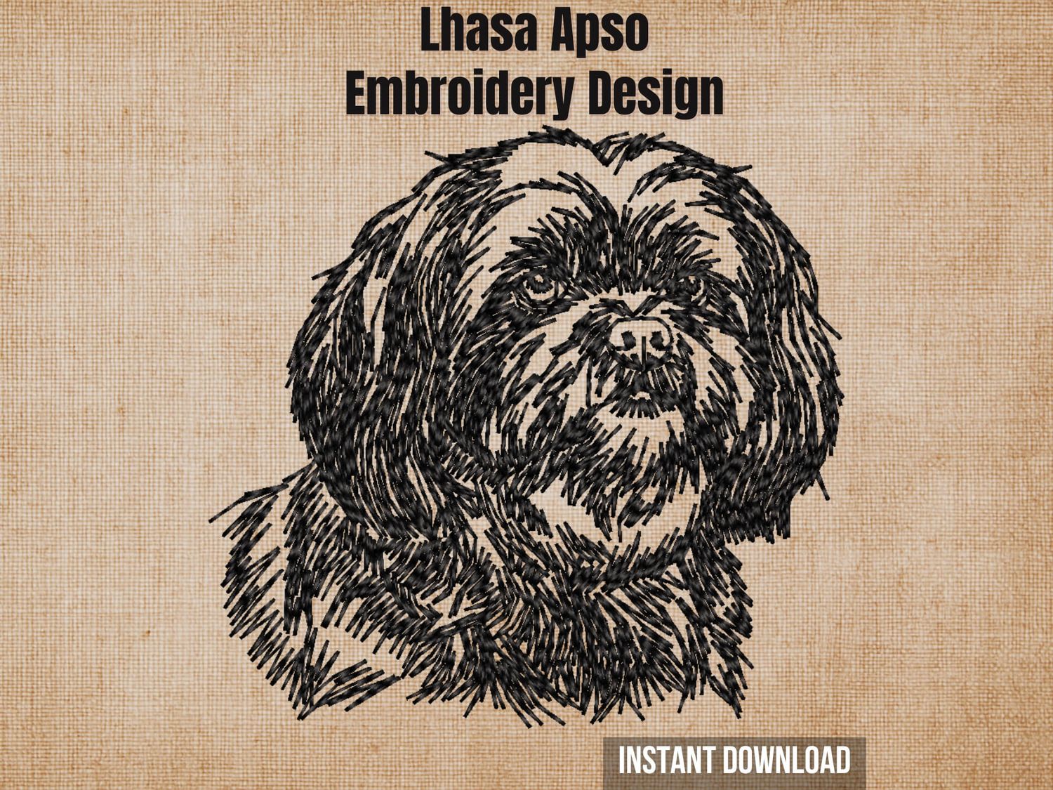 Textured natural burlap background highlighting the Lhasa Apso face outline embroidery design with an instant download badge