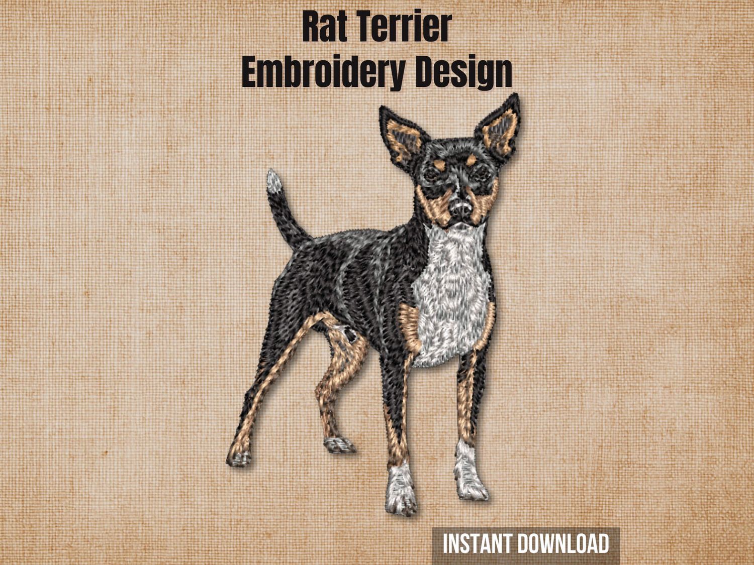 Graphic of a Rat Terrier full-body embroidery design on tan fabric with 'Instant Download' text.