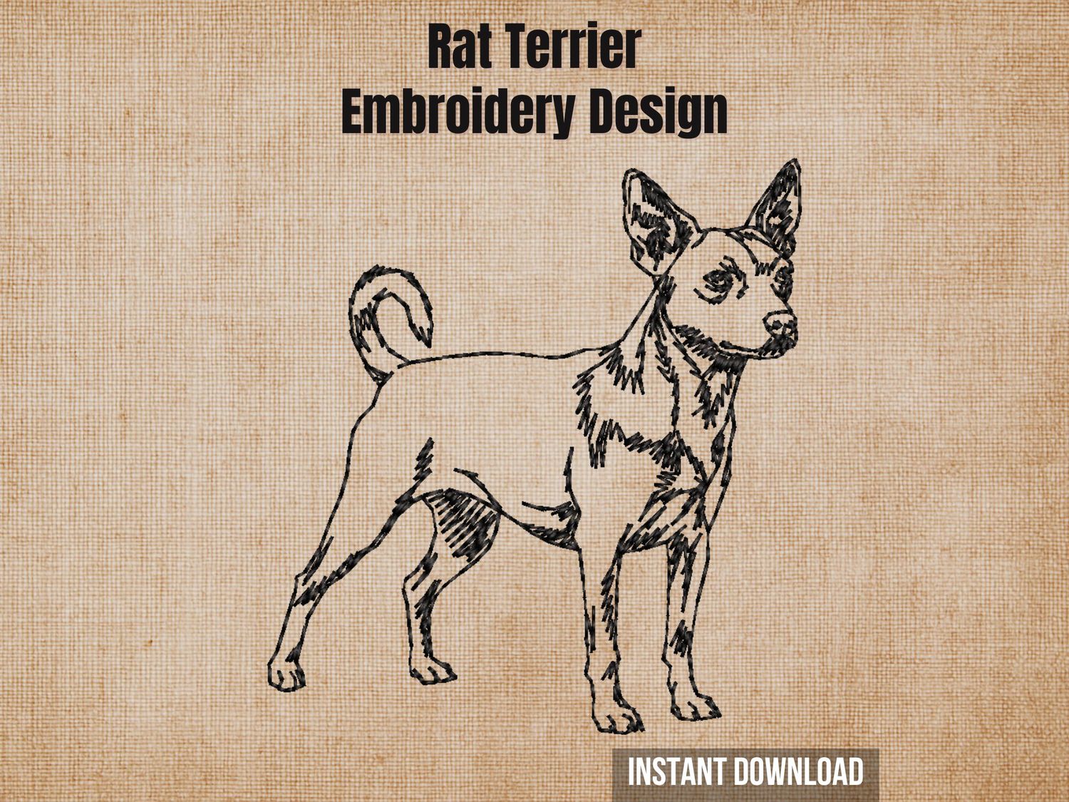 Rat Terrier outline embroidery design, full-body illustration of a Rat Terrier dog in a standing position on a beige background.