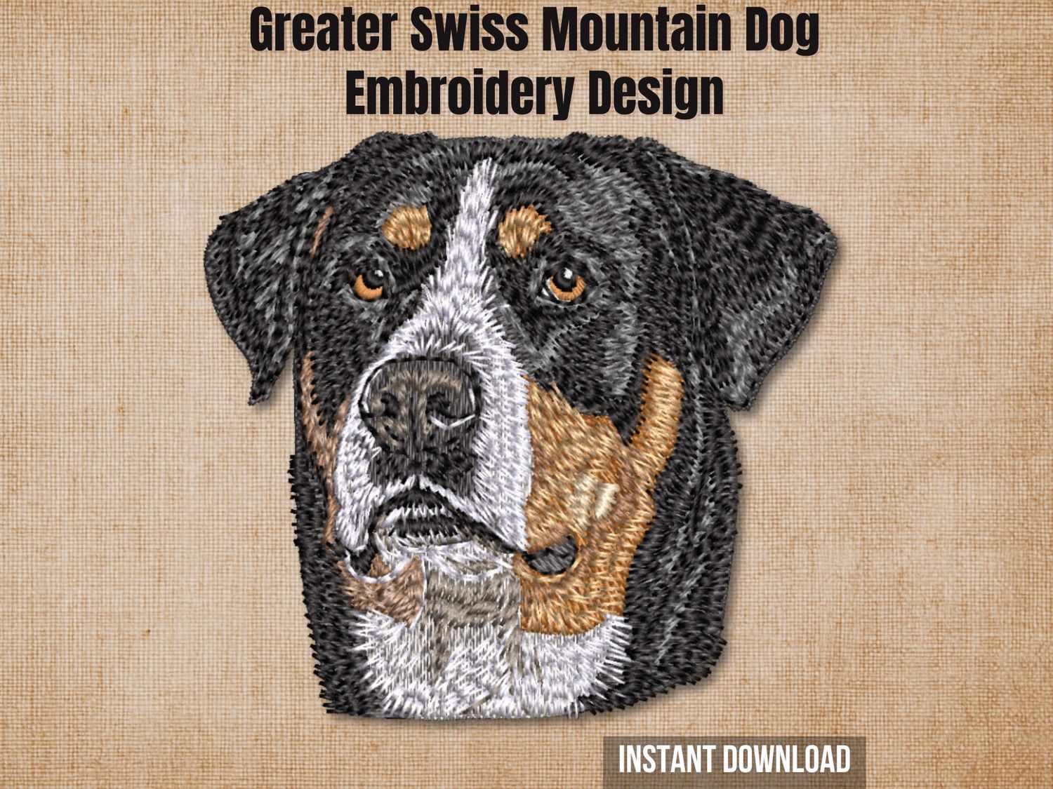 Textured burlap background highlighting the Greater Swiss Mountain Dog embroidery design with an instant download badge