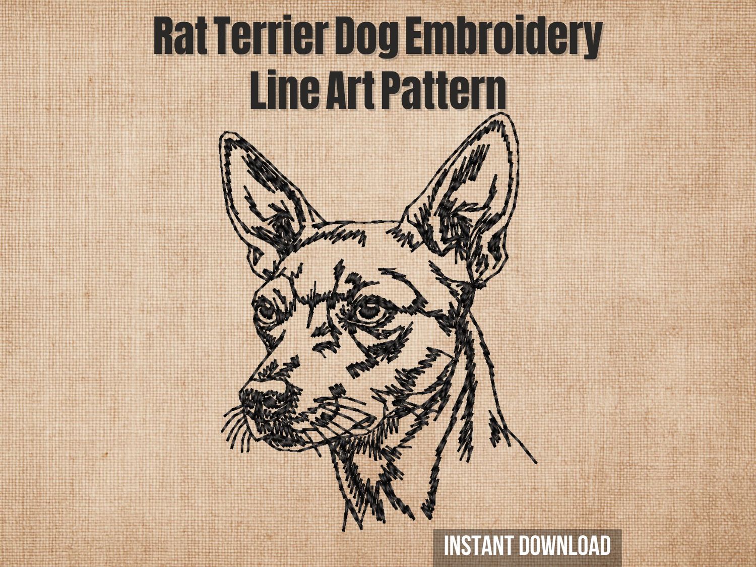 Black thread embroidery of a Rat Terrier dog head in 3/4 view with fine stitched details on beige fabric background.