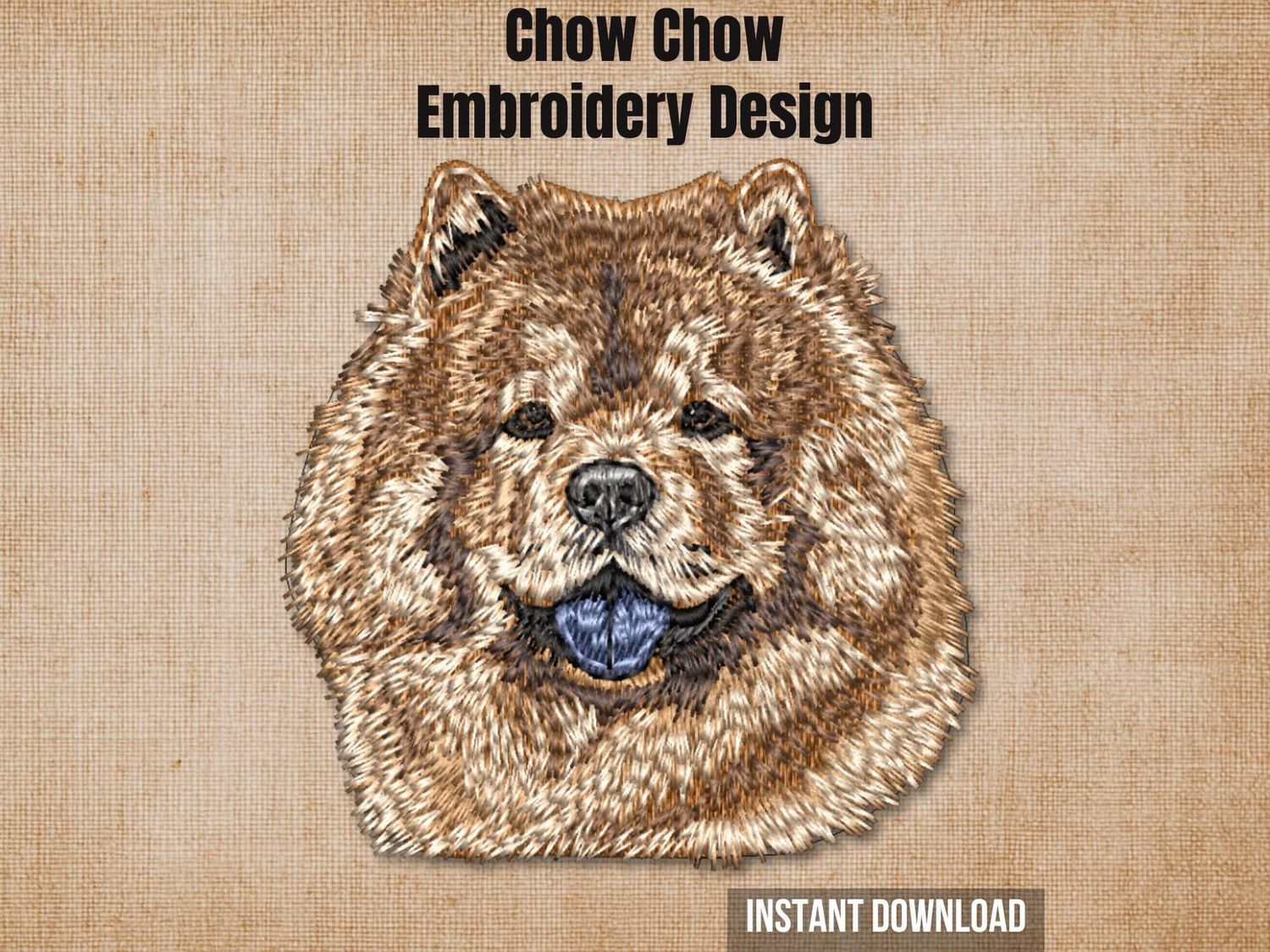 Textured natural burlap background highlighting the Chow Chow embroidery design with an instant download badge