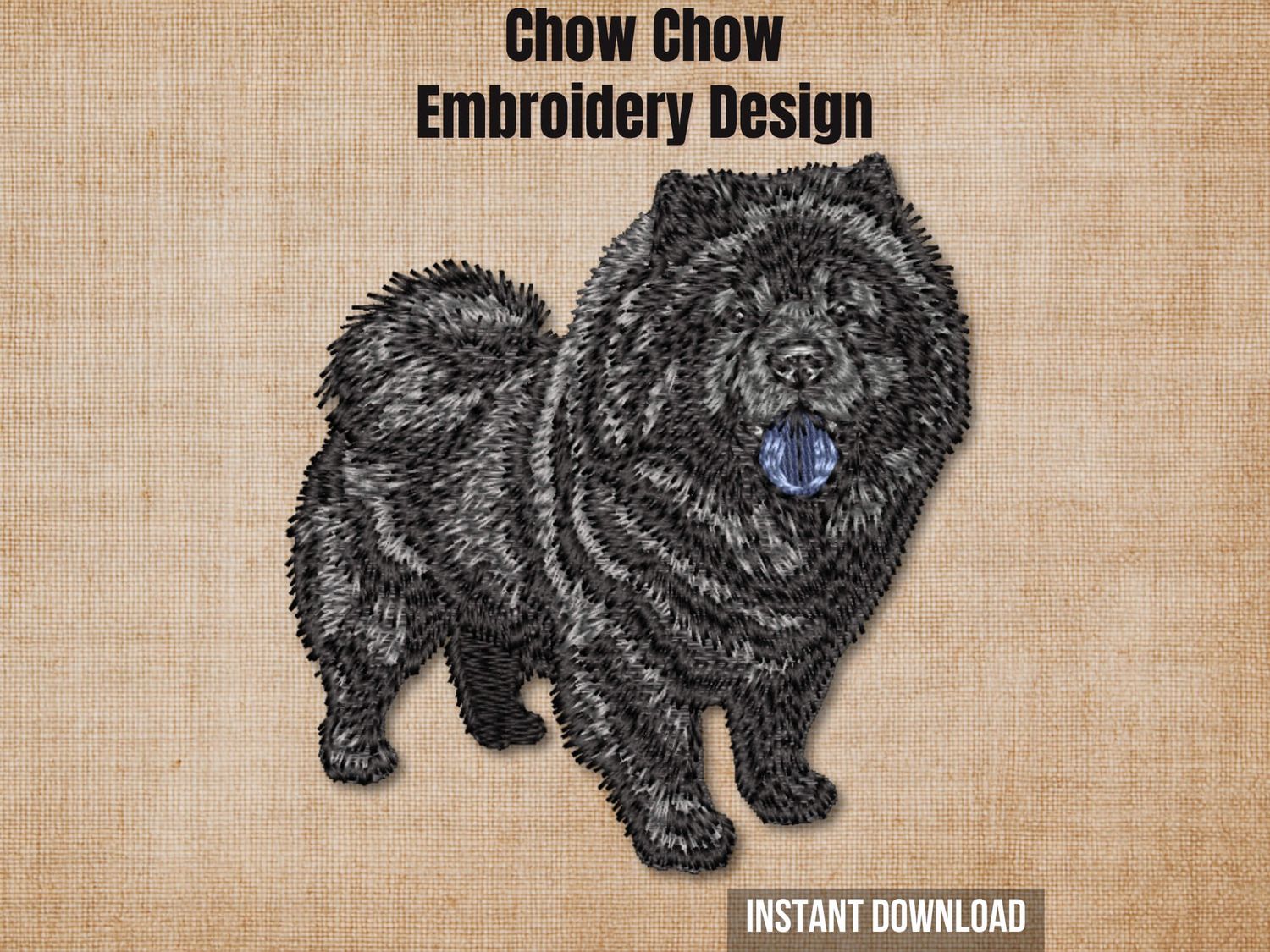 Textured natural burlap background highlighting the Black Chow Chow embroidery design with an instant download badge