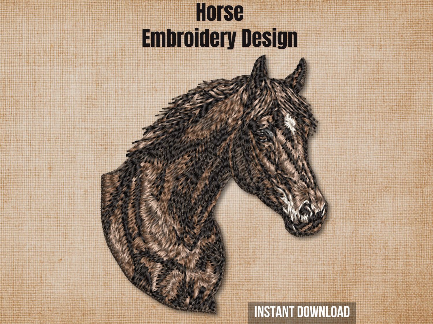 Cover graphic featuring a realistic horse head embroidery on a textured burlap background.