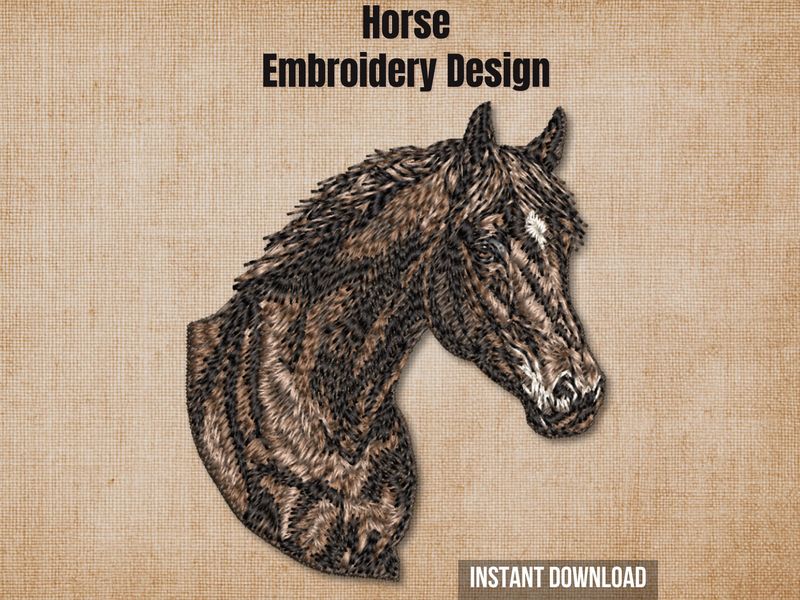 Cover graphic featuring a realistic horse head embroidery on a textured burlap background.