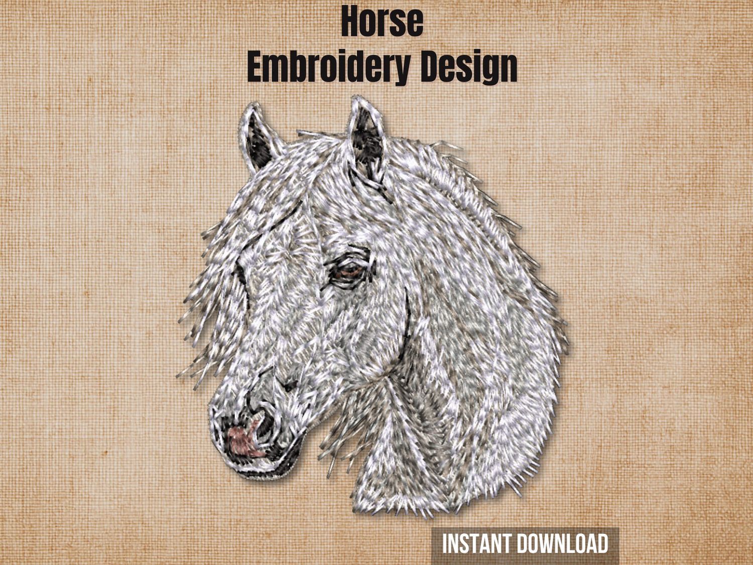 Textured natural burlap background highlighting the white horse embroidery design with an instant download badge