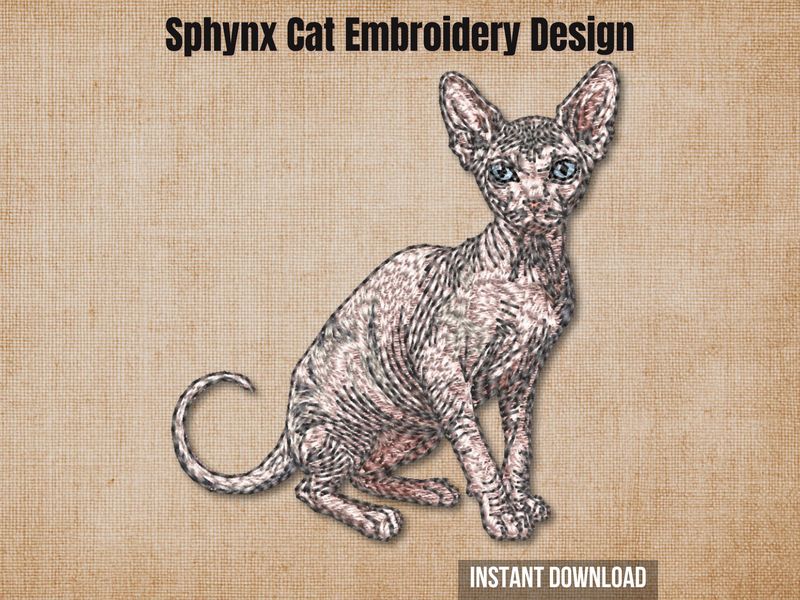 Sphynx Cat 4, full-body embroidery design, realistic hairless cat with blue eyes, sitting pose, on a beige background.