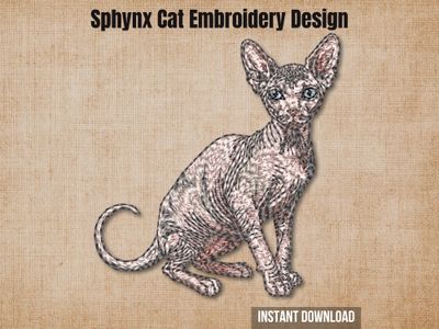 Sphynx Cat 4, full-body embroidery design, realistic hairless cat with blue eyes, sitting pose, on a beige background.