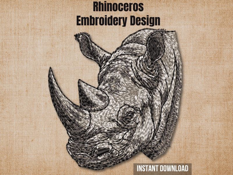 Cover graphic featuring a realistic Rhinoceros embroidery on a textured burlap background.