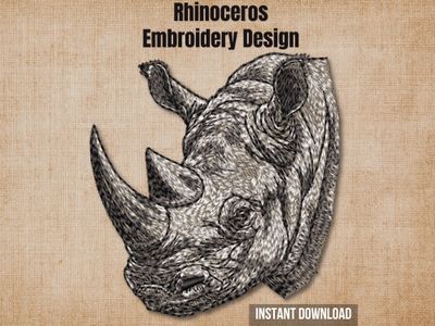 Cover graphic featuring a realistic Rhinoceros embroidery on a textured burlap background.