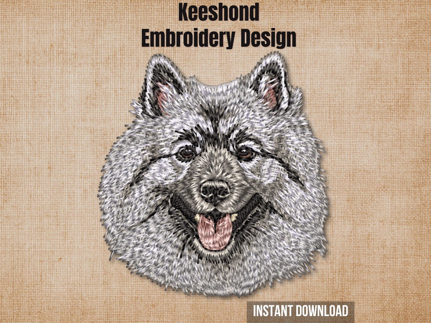 Cover graphic featuring a realistic Keeshond face portrait embroidery on a textured burlap background.
