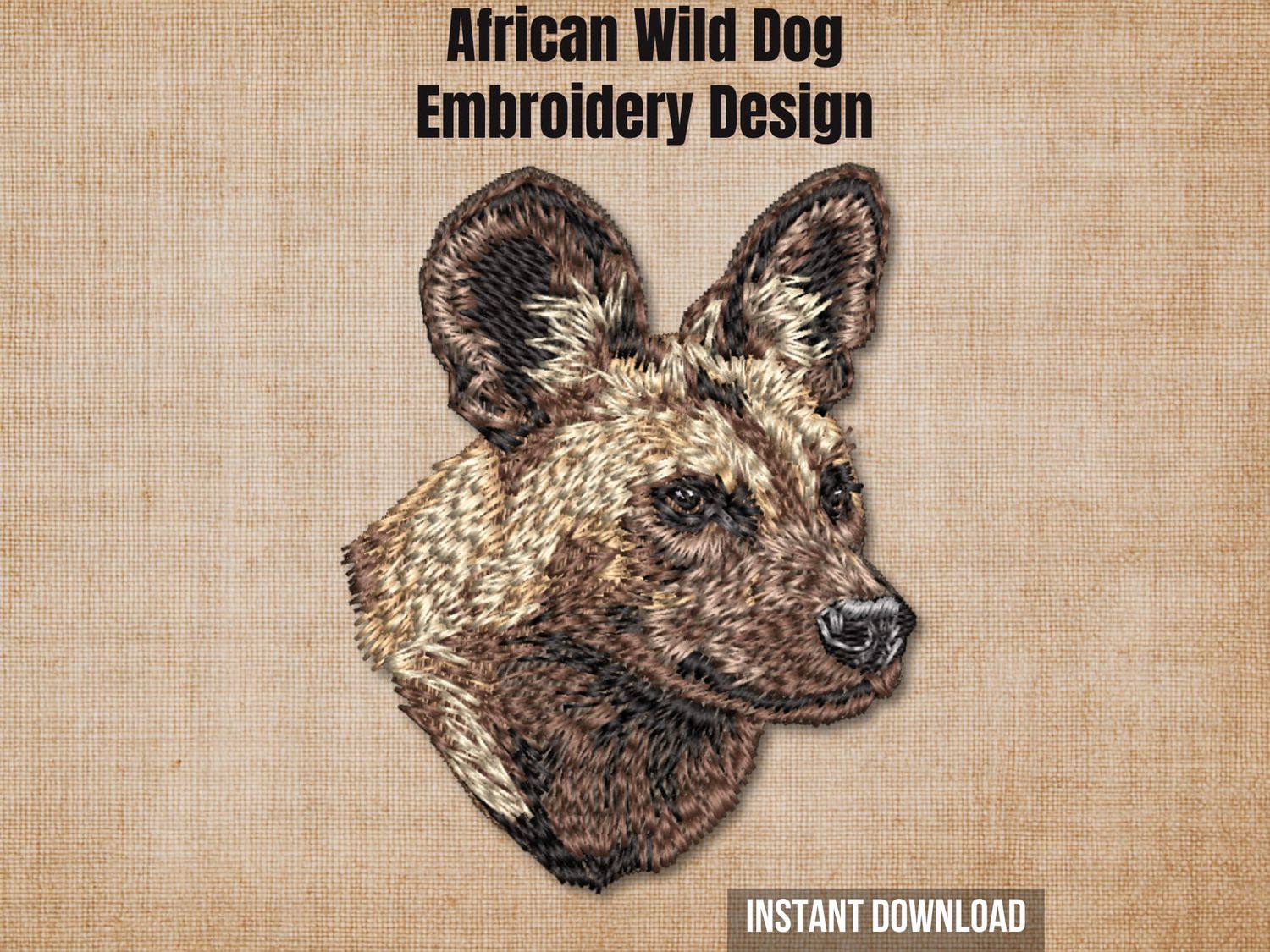 Cover graphic featuring a realistic African Wild Dog embroidery on a textured burlap background.