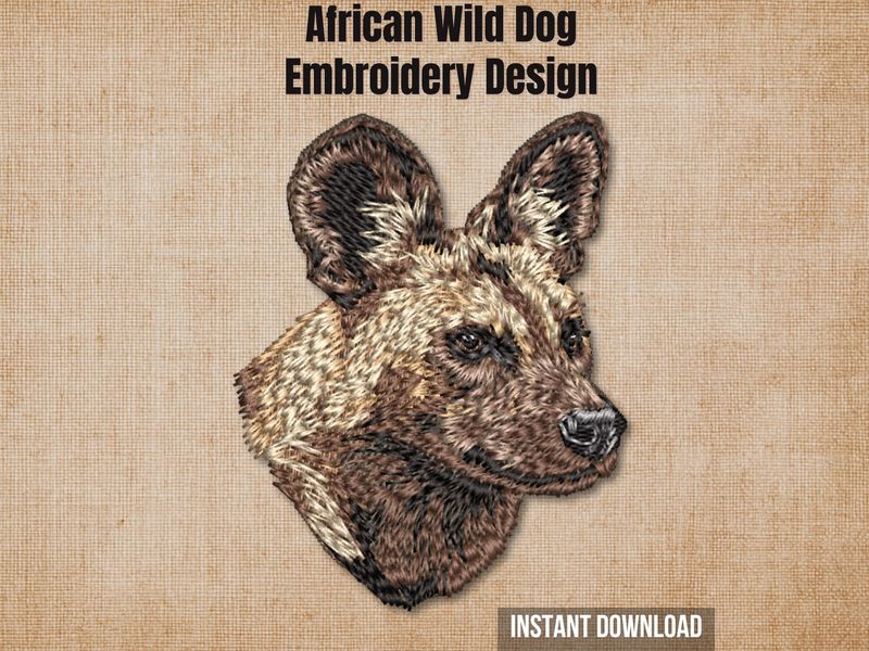 Cover graphic featuring a realistic African Wild Dog embroidery on a textured burlap background.
