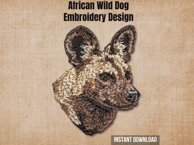 Cover graphic featuring a realistic African Wild Dog embroidery on a textured burlap background.