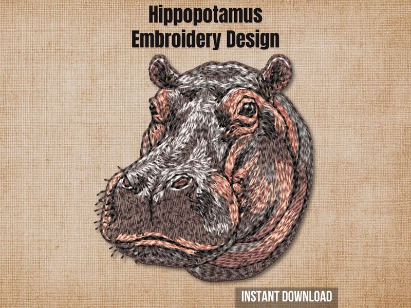 Graphic of a hippopotamus embroidery design on tan fabric with 'Instant Download' text.