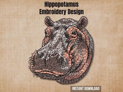Graphic of a hippopotamus embroidery design on tan fabric with 'Instant Download' text.