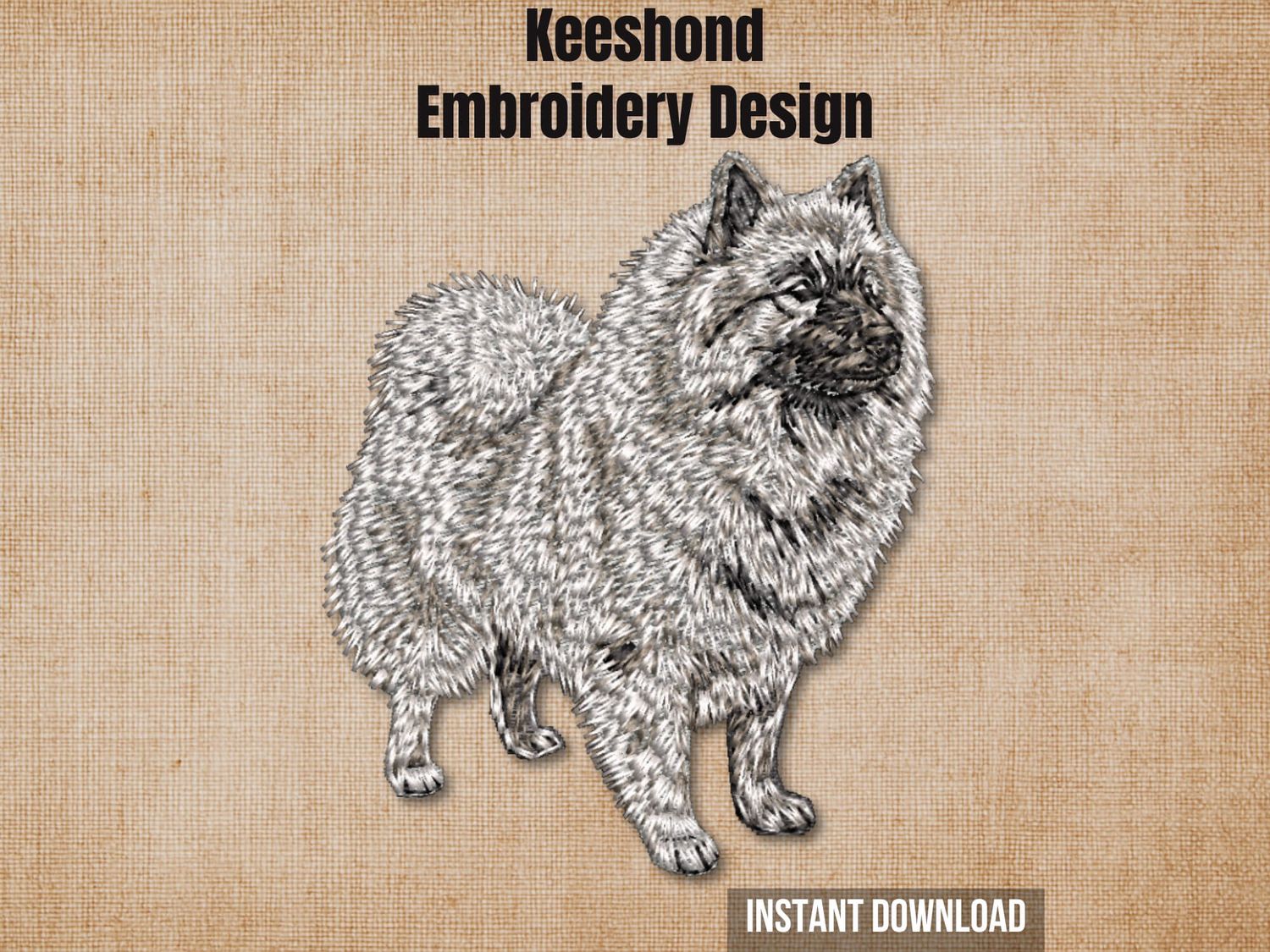 Cover graphic featuring a full-body Keeshond embroidery on a textured burlap background.