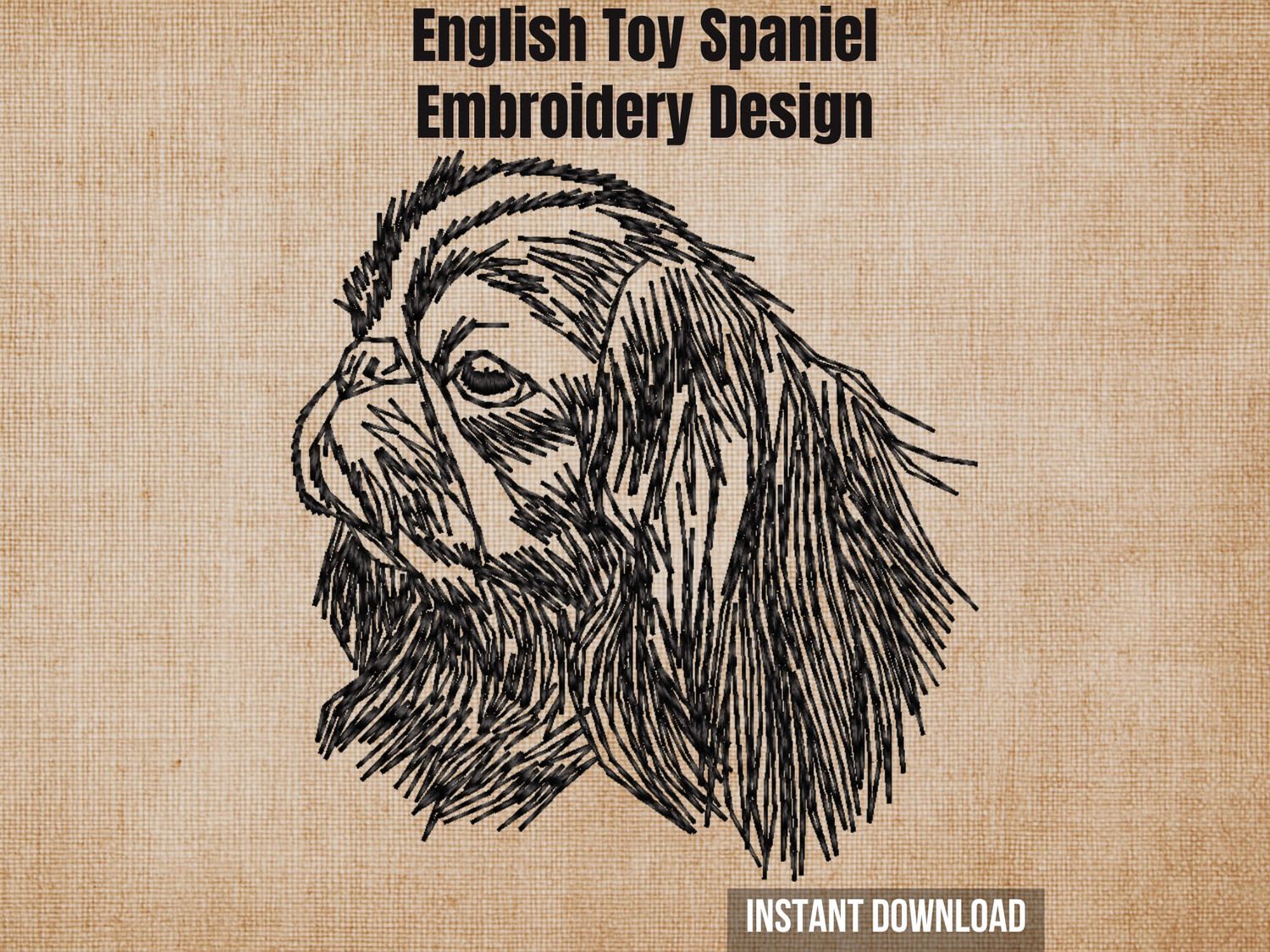 Cover graphic featuring an English Toy Spaniel outline embroidery design on a textured burlap background.