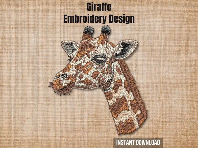 Graphic of a giraffe head embroidery design on tan fabric with 'Instant Download' text.
