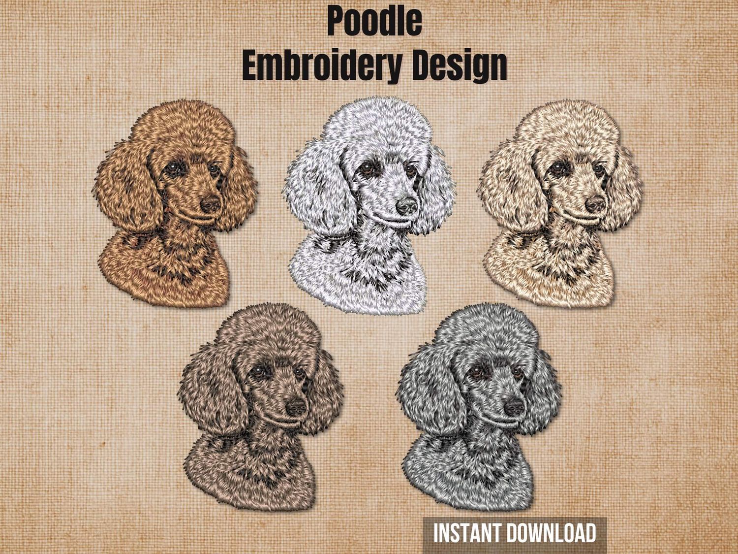 Textured natural burlap background highlighting the 5-color Poodle embroidery design bundle with an instant download badge