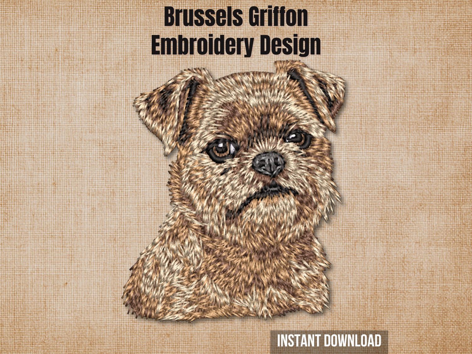 Graphic of a Brussels Griffon embroidery design on tan fabric with 'Instant Download' text.