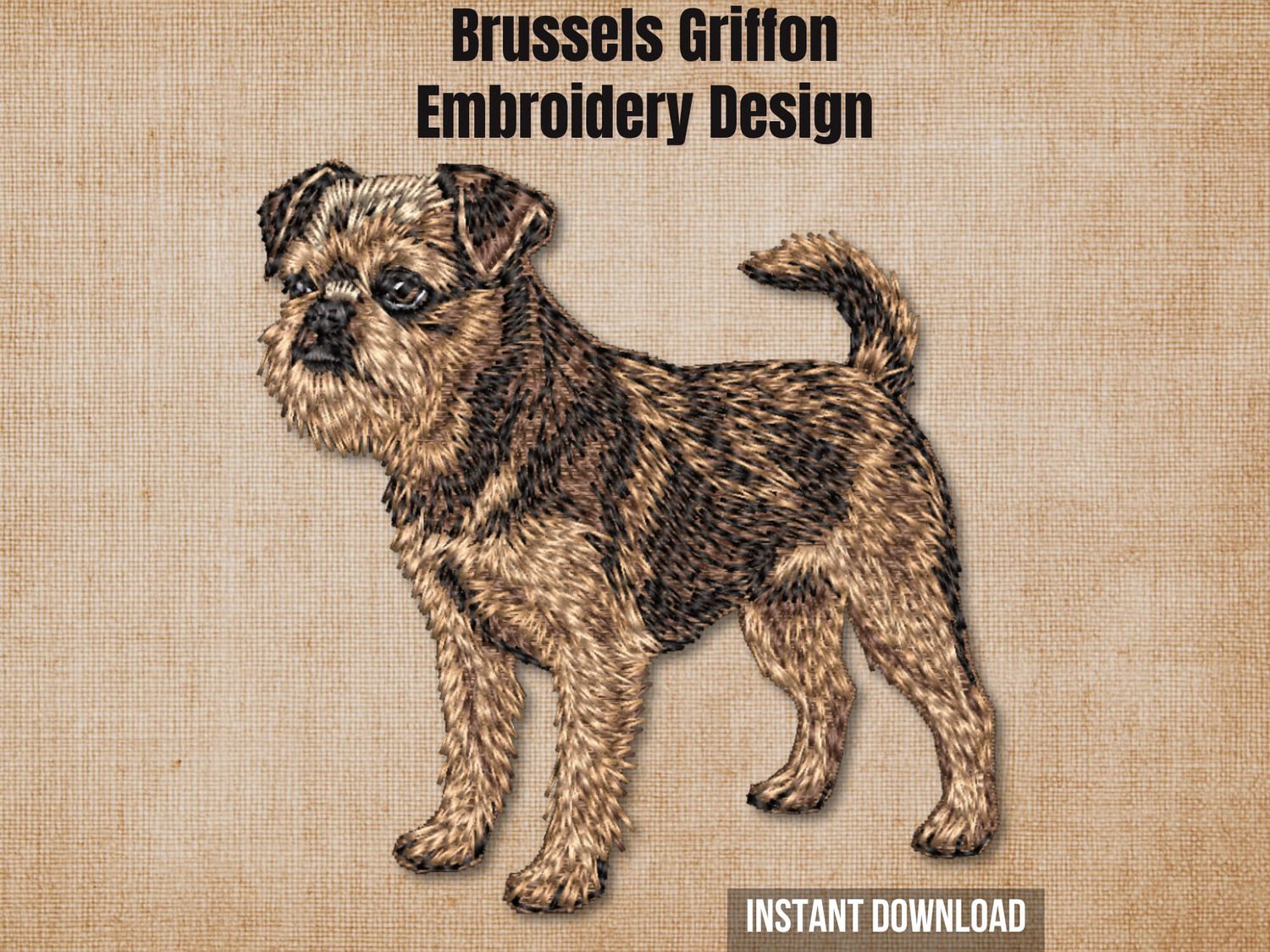 Textured natural burlap background highlighting the Brussels Griffon embroidery design with an instant download badge