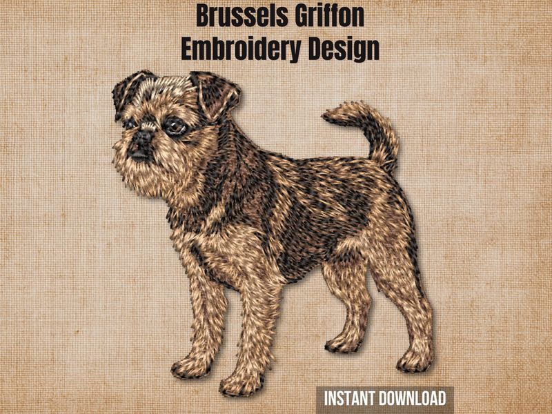Textured natural burlap background highlighting the Brussels Griffon embroidery design with an instant download badge