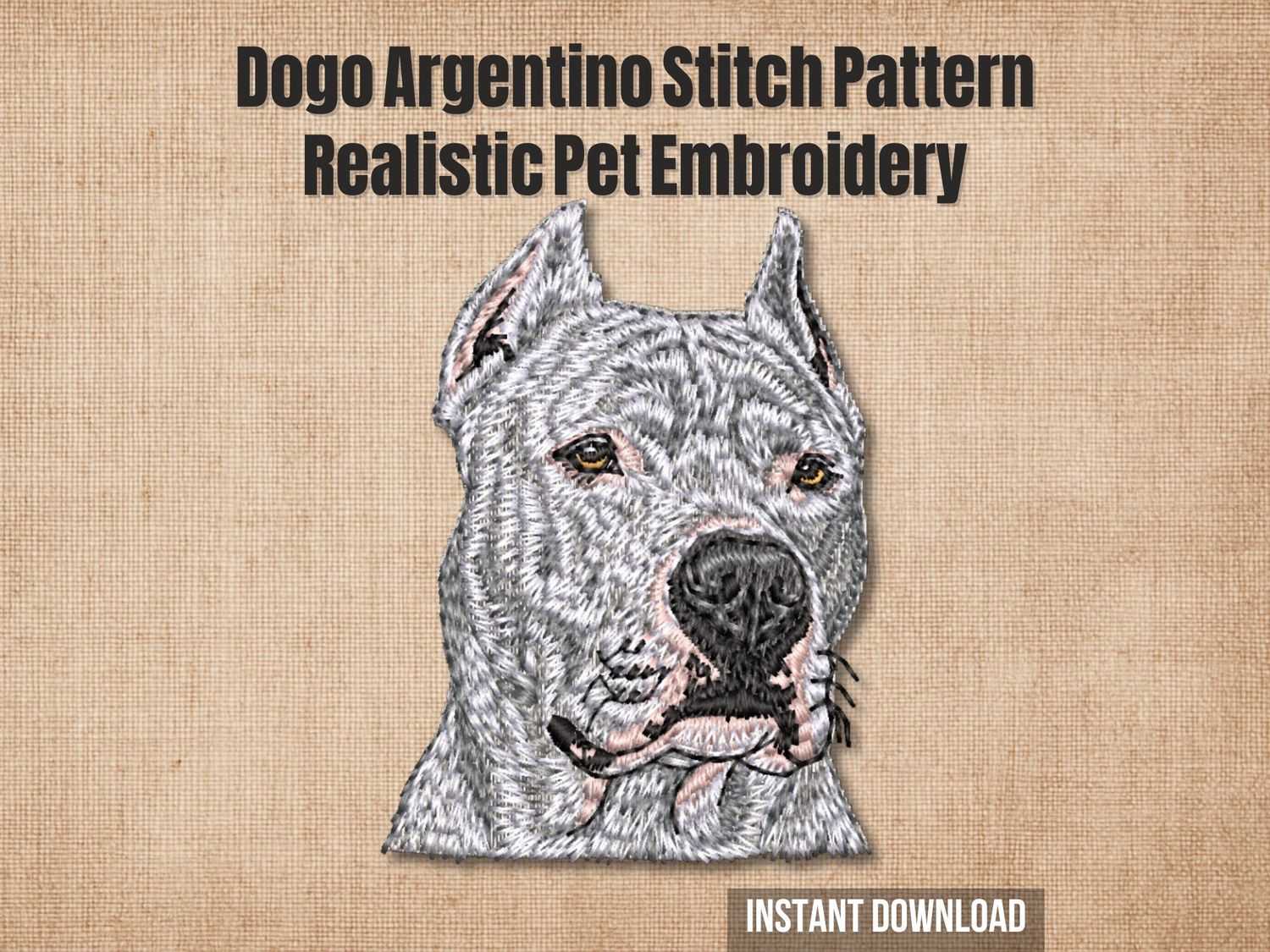 White, gray, and black thread embroidery of a Dogo Argentino with golden eyes and short fur on a beige background.