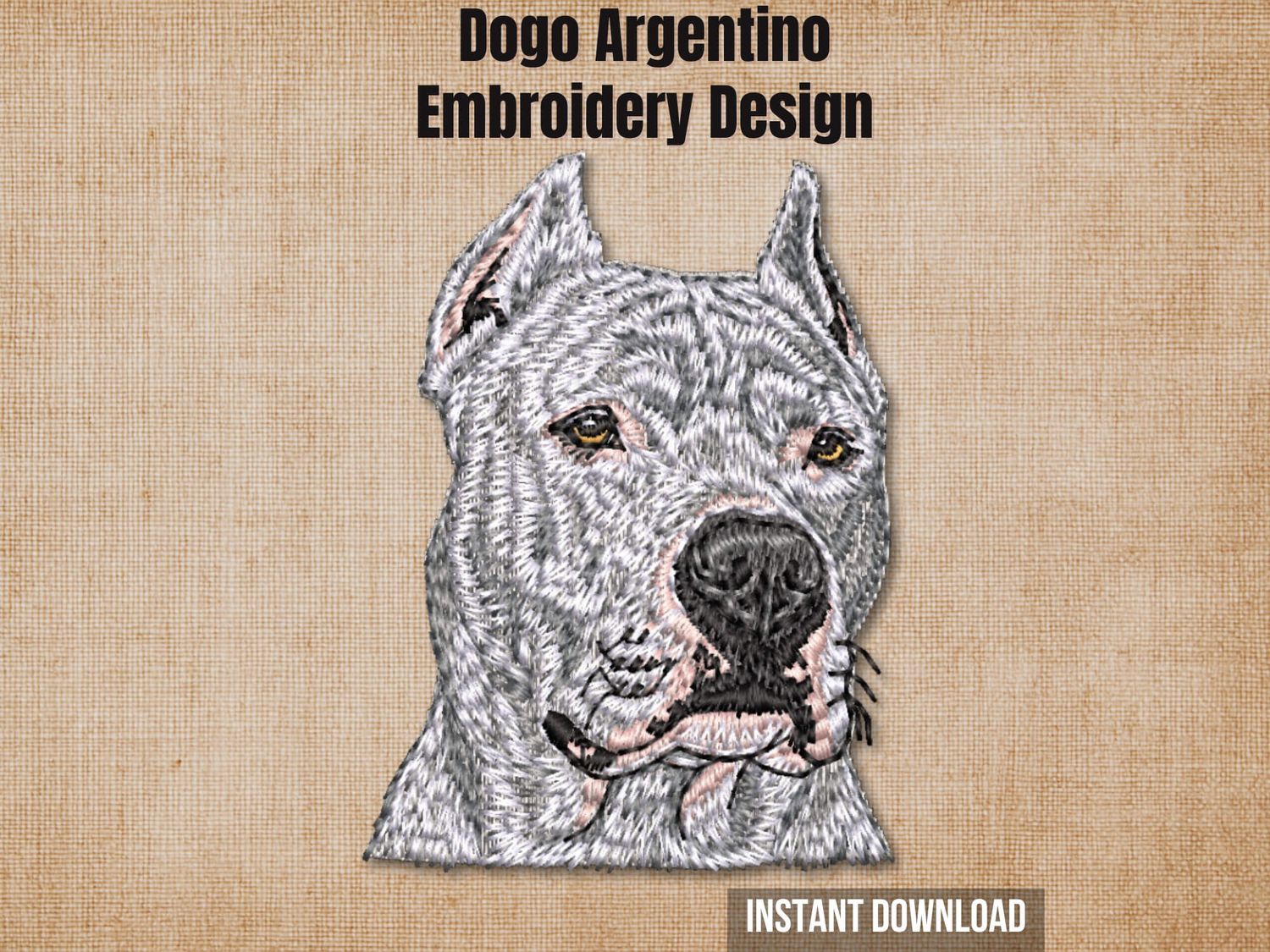 Cover graphic featuring a Dogo Argentino face portrait embroidery on a textured burlap background.