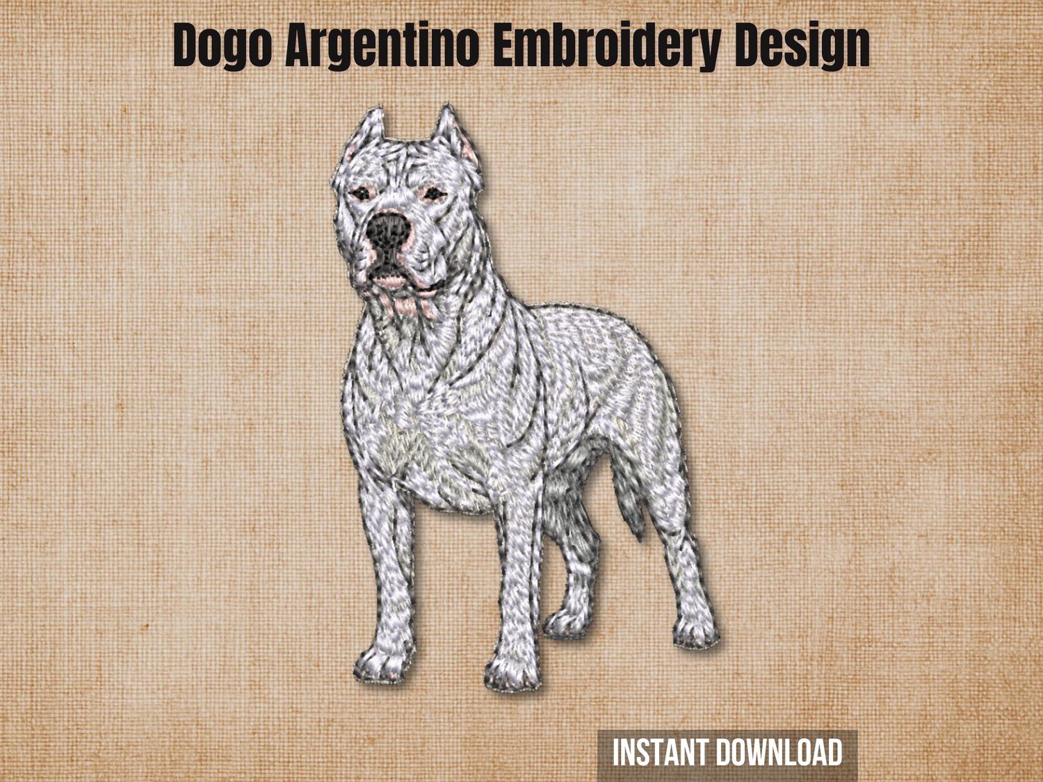 Dogo Argentino embroidery design, white dog with black nose and eyes, full-body machine embroidery on tan background, perfect for pet owners and embroidery enthusiasts.