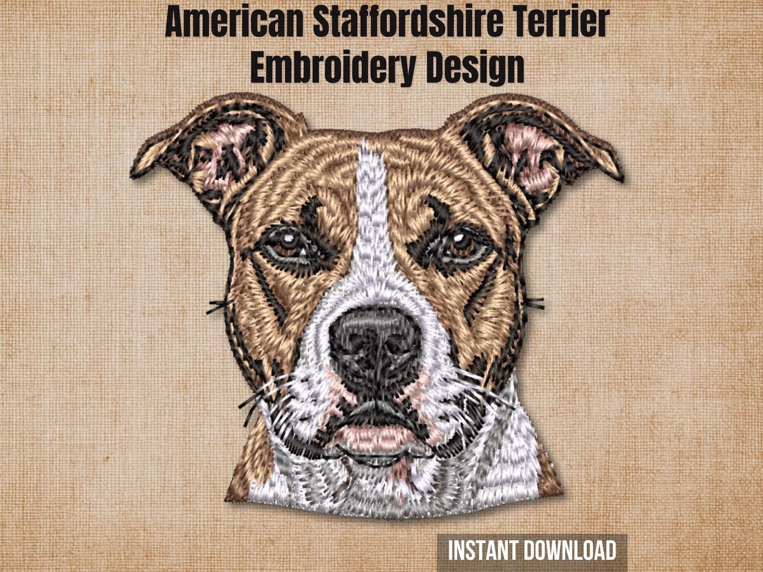 Textured burlap background highlighting the American Staffordshire Terrier embroidery design with an instant download badge
