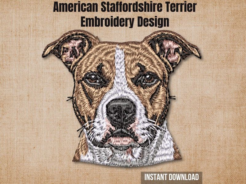 Textured burlap background highlighting the American Staffordshire Terrier embroidery design with an instant download badge