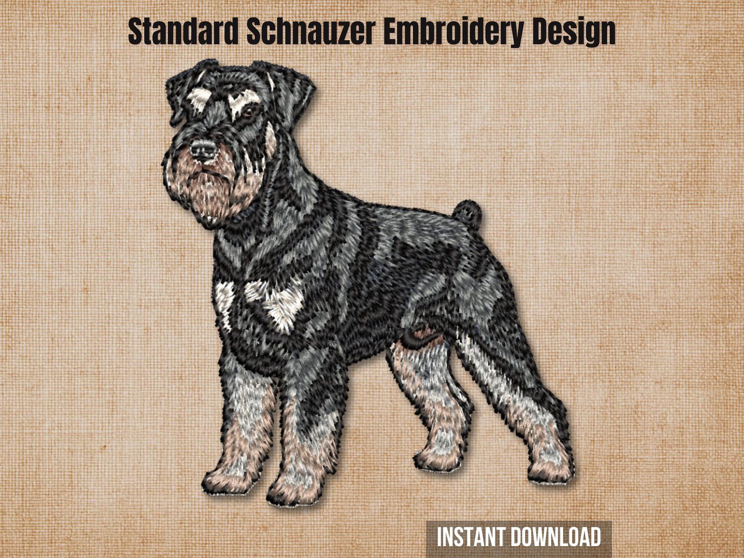 Standard Schnauzer embroidery design, black and white dog with distinctive beard and eyebrows, wiry fur, standing proudly in a realistic full-body machine embroidery.