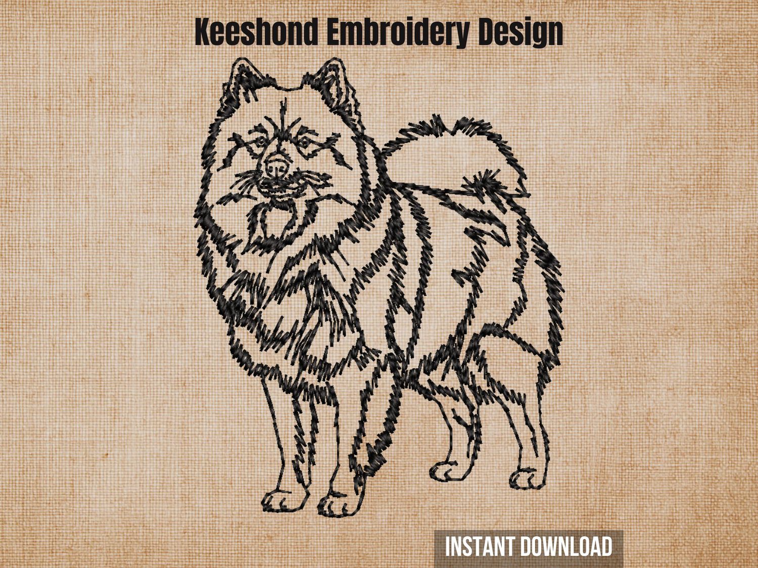 Keeshond Outline, full-body embroidery design, featuring a fluffy Keeshond with curled tail and fox-like expression in fine line detail.