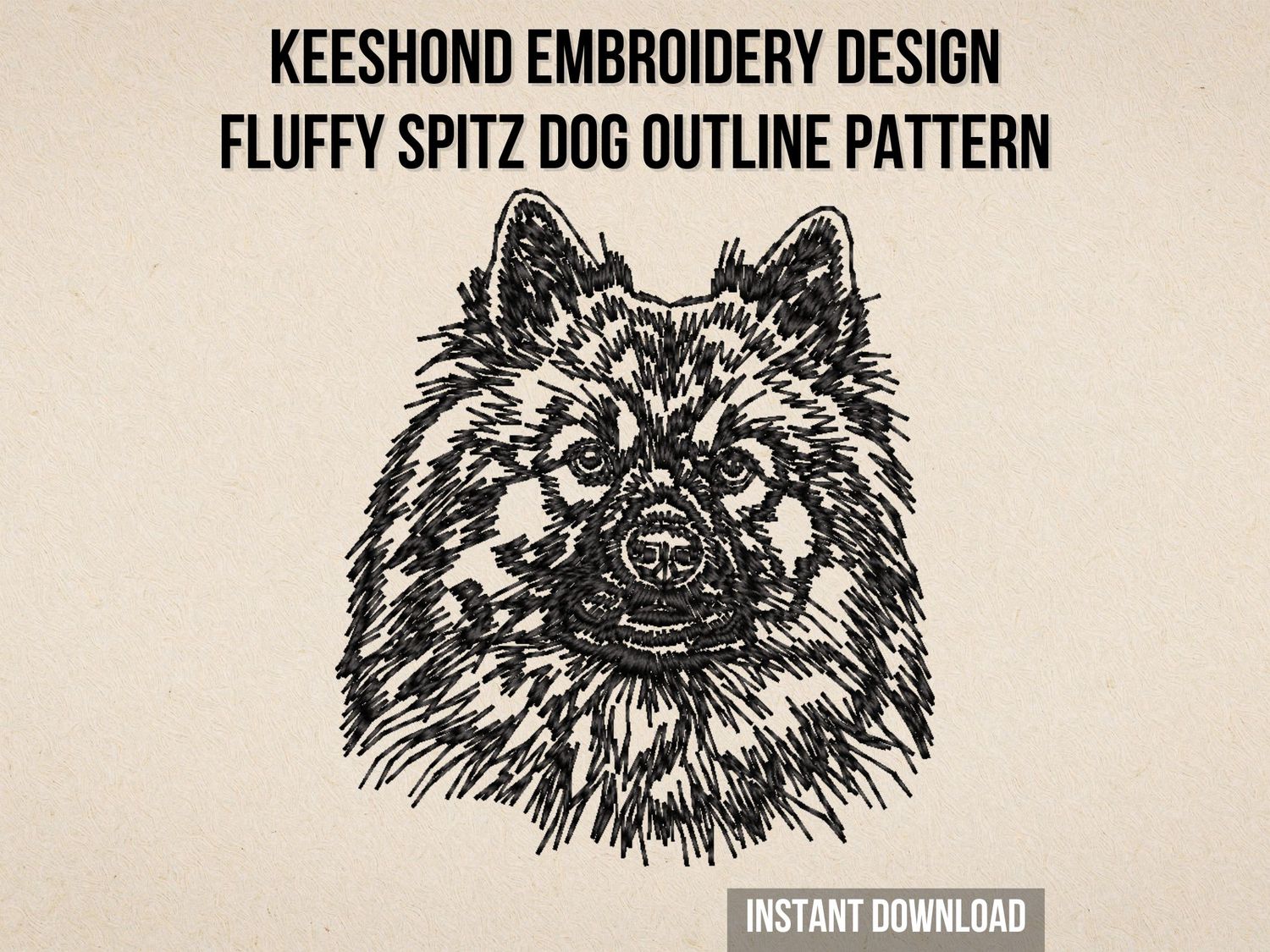 Black line embroidery of a Keeshond dog head with fluffy fur and detailed facial features on a light fabric background.