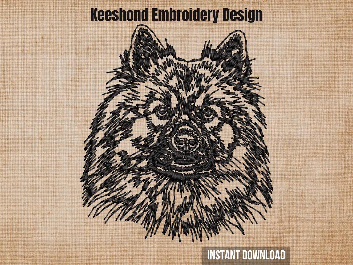 Keeshond embroidery design, detailed line portrait of a Keeshond's face with lush double coat and signature spectacles in black outline.