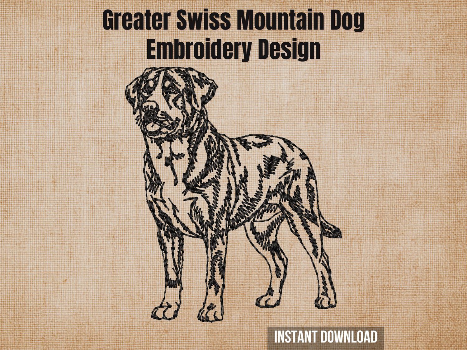 Greater Swiss Mountain Dog embroidery design, full-body outline of a standing dog in black stitch-friendly format on a beige background.