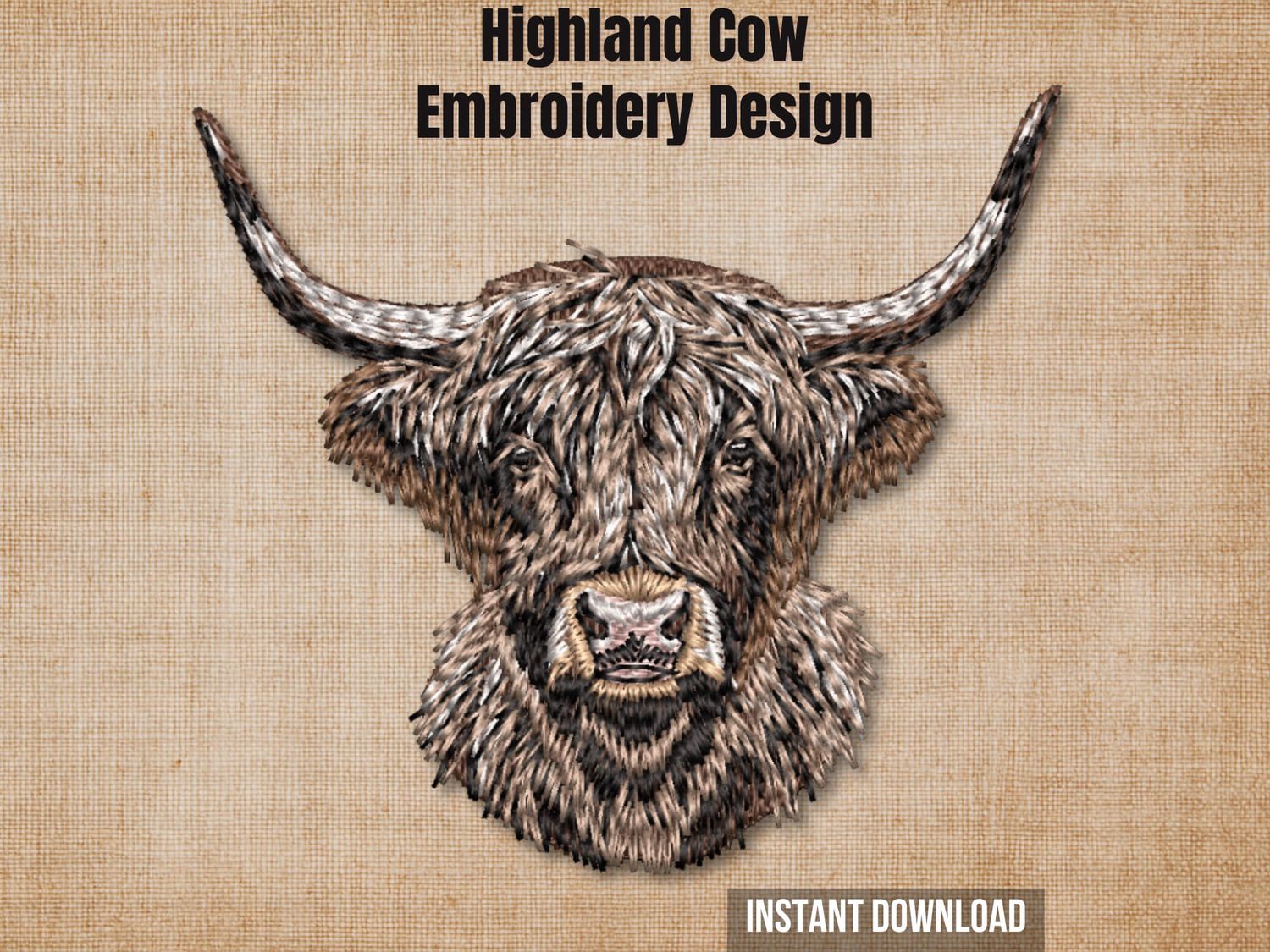Cover graphic featuring a realistic Highland cow embroidery on a textured burlap background.