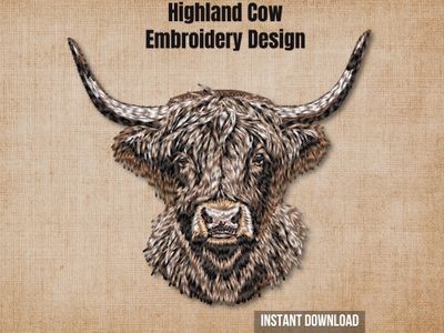 Cover graphic featuring a realistic Highland cow embroidery on a textured burlap background.