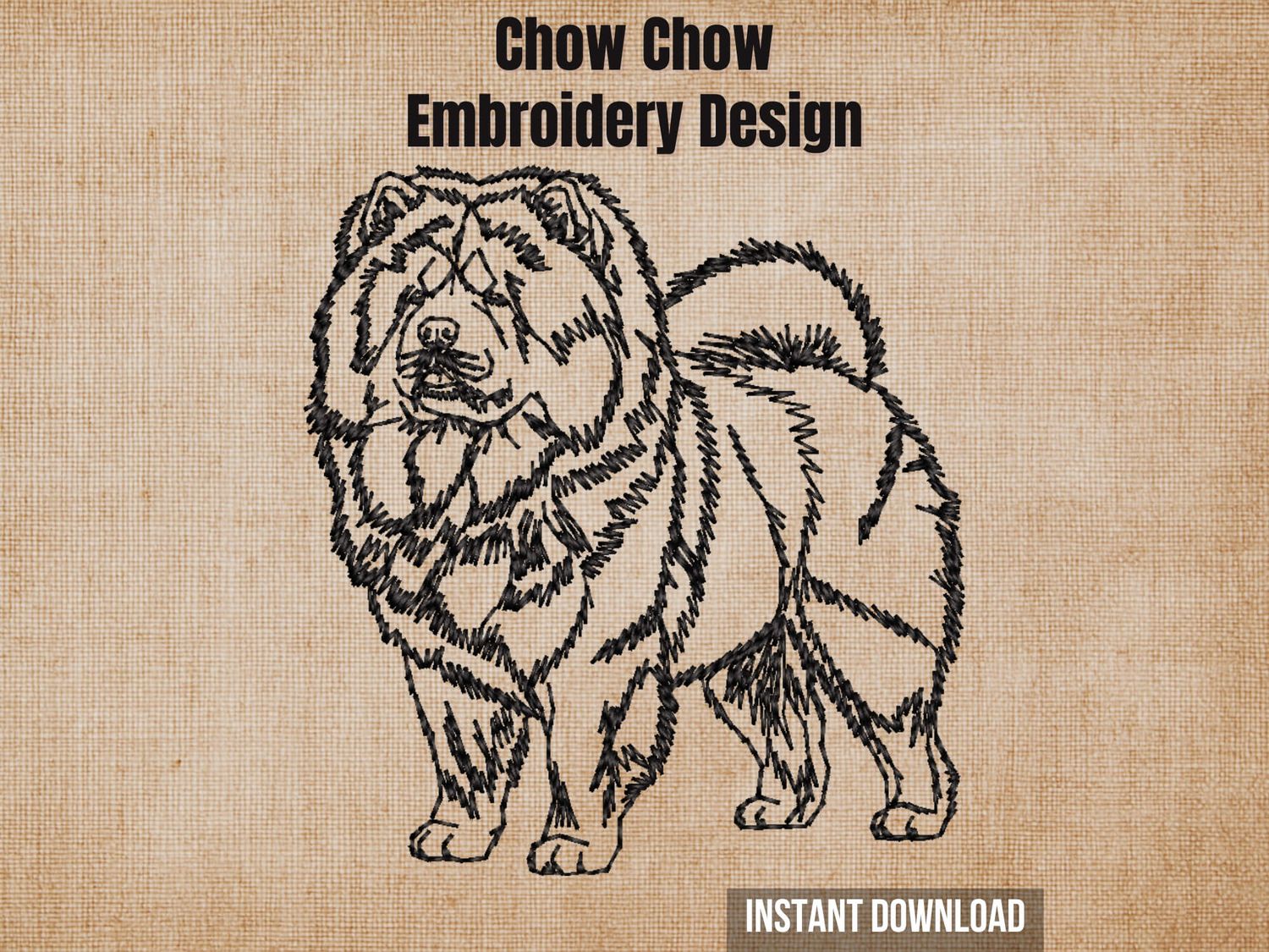 Graphic of a Chow Chow embroidery design on tan fabric with 'Instant Download' text.